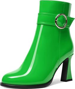 Женские ботильоны AMBELIGHT с круглым носком, для вечеринок, модные, лакированные, однотонные, с молнией, на высоком каблуке 3,3 дюйма, Green