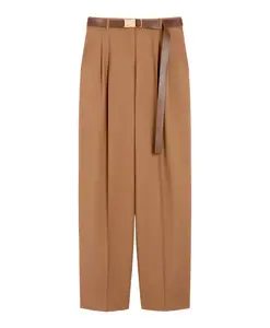Легкие шерстяные брюки с отделкой в стиле милитари и металлической пряжкой. Max Mara Studio, коричневый