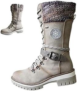 Женские зимние теплые полусапожки AngryMonkey, средней длины до икра, с вязаной замшевой отделкой, шнуровкой, водонепроницаемые, с нескользящей подошвой, для повседневной носки на улице, Beige