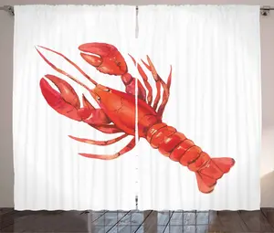 Штора ABAKUHAUS Лобстер в деревенском стиле, средиземноморская кухня, спальня, присборенная тесьма с петлями и крючками, 280 x 245 см, белый с ярко-красным Abakuhaus