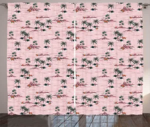 Штора в гавайском деревенском стиле ABAKUHAUS, Пальма и скалистые пляжные волны, присборенная штора из тесьмы для спальни с петлями и крючками, 280 x 245 см, пудрово-розовый, темно-лососевый Abakuhaus