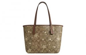 Городская разноцветная кожаная сумка-шоппер через плечо женская хаки COACH