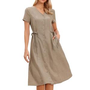 Летнее платье для женщин с пуговицами, v-образным вырезом, короткими рукавами и поясом на шнурке Inspire Chic