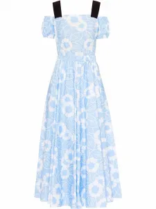 Платье с открытыми плечами и цветочным принтом Prada, синий