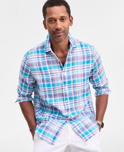 Мужская льняная рубашка с длинными рукавами и пуговицами в клетку лисий клетчатый узор, эксклюзивно для Macy's Club Room, Bold Turquoise