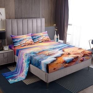 Erosebridal Комплект постельного белья с ярким принтом ракушек и морских звезд в океанской тематике, Blue Purple