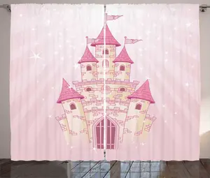 Штора ABAKUHAUS Замок в деревенском стиле, арт-объект Чудо-сказка, универсальная тесьма для гостиной с петлями и крючками, 280 x 225 см, розовый и бледно-горчичный цвета Abakuhaus