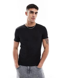 Футболка Bershka с короткими рукавами в рубчик, черная