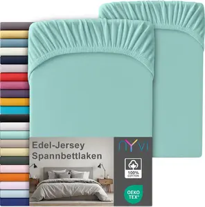 Простыня на резинке из высококачественного джерси для матрасов глубиной до 25 см - 100% суперчесаный хлопок, 140 г/м², на резинке по всему периметру, цвет: аквамарин, размер: 180-200 х 200 см (комплект из 2 шт.) NYVI