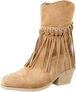 Женские западные ковбойские ботинки Короткие ботильоны на щиколотку Заостренный носок Низкий каблук С бахромой Боковая молния Ретро стиль Generic, Brown