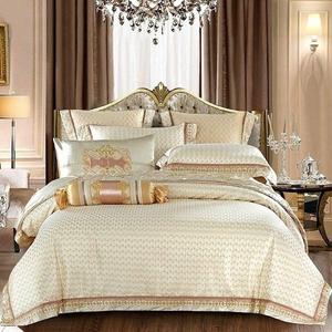 YUSIWOAL Комплект постельного белья из шелка и сатина с жаккардовой вышивкой Beige