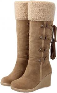 Женские зимние сапоги однотонные с бахромой, модные сапоги на подкладке из мягкого меха без шнуровки, удобные сапоги средней длины, женские высокие сапоги до колена HCHCTRY, Brown