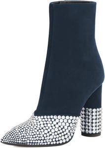 Женские элегантные ботильоны с острым носком, украшенные стразами, на массивном высоком каблуке с боковой молнией, для вечеринок и мероприятий, размер 4-16 US Wansseny, Blue