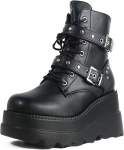Женские боевые ботинки на высоком каблуке с квадратным носком, шнуровкой и молнией, высокие ботинки на танкетке с массивной подошвой, ботинки до щиколотки для женщин FOBOINED, Black-04