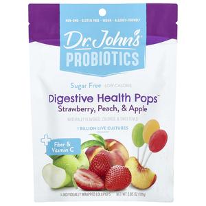 Dr. John's Healthy Sweets, Probiotics, Digestive Health Pops , + клетчатка и витамин C, клубника, персик и яблоко, 14 леденцов на палочке в индивидуальной упаковке, 109 г (3,85 унции)