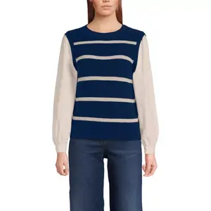 Женский жилет-свитер в стиле шейкер с пуговицами на плечах и поплиновыми рукавами Lands' End, цвет navy champagn stripe