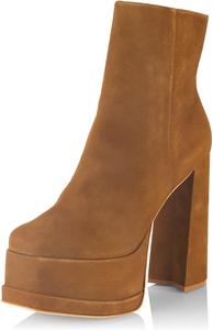 Женские ботильоны FYS с квадратным носком на высокой платформе и массивном каблуке, удобные замшевые ботинки средней голени с молниями, для нарядного или повседневного образа, размеры 4-15 US, Camel