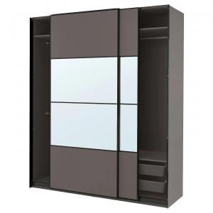 Шкаф с раздвижными дверями PAX/MEHAMN/AULI IKEA, 200x66x236 см, цвет dark grey double sided/dark grey mirror glass
