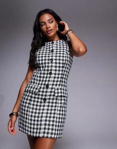 Мини-платье River Island в клетку виши черного цвета с пуговицами спереди