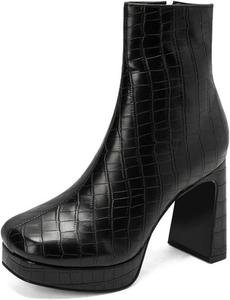 Женские ботинки мода с квадратным носком, массивным высоким каблуком, эластичные ботинки до щиколотки с боковой молнией, средние по голени, повседневные ботинки KYOESCAI, Black 2