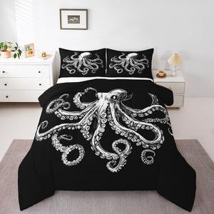 Erosebridal Комплект постельного белья Octopus с морским принтом и ретро компасом в черном цвете, Black