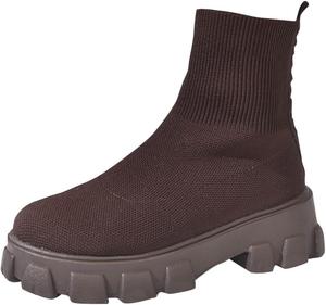 Женские ботильоны на платформе с носком, с массивным каблуком, эластичные вязаные, без застежки, челси, для осени и зимы Generic, Coffee