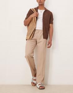 Строгие брюки прямого кроя ASOS DESIGN с боковыми регуляторами из льняного материала с имитацией камня и складкой спереди