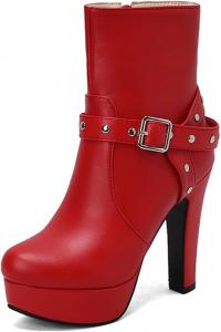 Женские ботильоны на платформе с заклепками, ремнями с пряжками, высокие каблуки, боковая молния, панк-стиль, боевые ботинки JMdfcqer, Red