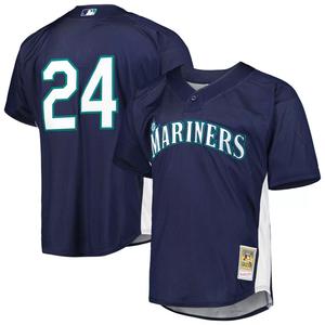 Мужская футболка Mitchell & Ness Ken Griffey Jr. Navy Seattle Mariners Cooperstown Collection с сетчатым ватиновым тренировочным трикотажем
