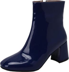 Женские ботинки KysBloes из лакированной кожи с квадратным носком, массивным каблуком, на щиколотку с боковой молнией, зимние ботильоны, Z-Navy Blue