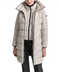 Женская стеганая куртка с капюшоном на молнии и нагрудником DKNY, серый