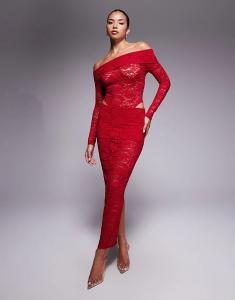 Эксклюзивный комплект Murci с кружевным боди Bardot и юбкой макси с отворотом на талии красного цвета