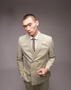 Узкий двубортный пиджак Topman цвета светло-хаки