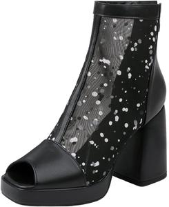 Женская мода: ботильоны с открытым носком на массивном каблуке 9,5 см, короткие многокрасочные с кружевами и платформой, офисный стиль LYYSKY, Black(5707)