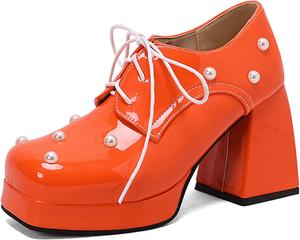 Женские туфли с платформой и массивным каблуком Alyaafifa, ботильоны на высоком каблуке с шнуровкой, закрытые туфли с квадратным носком, удобные туфли для вечеринок, свадеб, мероприятий, клуба и выпускного, Patent Leather - Orange