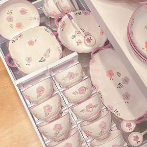 Ceramics Набор мисок и тарелок, стильная домашняя посуда, новая коллекция 2025, японский стиль, дизайн с фиолетовыми ирисами, 41 предмет на 10 персон