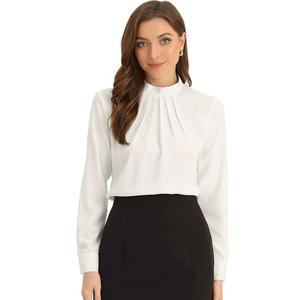 Осенне-зимняя шифоновая блузка с воротником-стойкой для женщин, деловая повседневная рабочая рубашка с длинным рукавом ALLEGRA K, белый