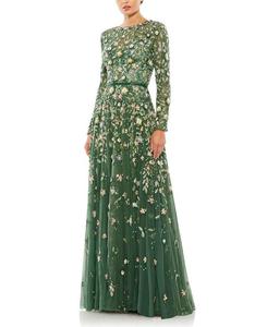 Украшенное платье с высоким воротником, длинными рукавами и силуэтом А-силуэта Mac Duggal, зеленый