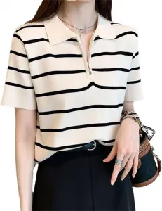 Женская поло с коротким рукавом, полосатая, на молнии