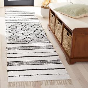 Ковер-дорожка SAFAVIEH, 69 x 275 см, Striped Kilim Collection - , Ivory & Black, плоское плетение, марокканский стиль бохо с бахромой, хлопковый дизайн, легкий уход, идеален для помещений с высокой проходимостью в гостиной, спальне (STK203A)