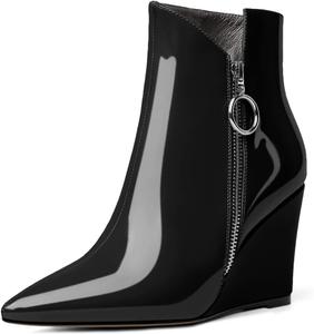Женские ботильоны Eldof на танкетке с острым носком и молнией, короткие ботинки на каблуке 3,5 дюйма для ходьбы, Patent Black