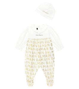 Комплект из хлопковой шапки и боди с логотипом Balmain Kids