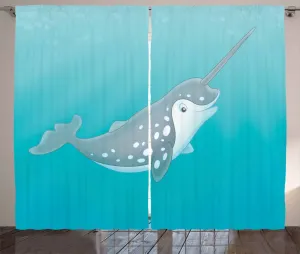 Штора в деревенском стиле Нарвал от ABAKUHAUS, рисунок мультяшного зверя, универсальная тесьма для гостиной с петлями и крючками, 280 x 175 см, цвет морская пена с серо-белым оттенком Abakuhaus