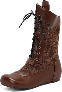 Женские сапоги средней длины винтажные, короткие, на шнуровке, викторианские ботильоны, из искусственной кожи, с плоским каблуком, боевые ботинки Generic, Brown