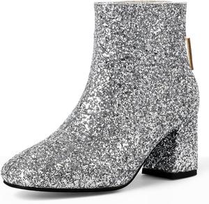 Женские блестящие ботильоны MAVMAX с пайетками на массивном каблуке, Silver Back Zipper