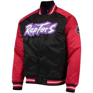 Мужская атласная куртка Mitchell & Ness черного/красного цвета Toronto Raptors Hardwood Classics Reload 3.0 с длинными кнопками реглан