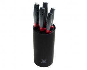 6 штук Набор блоков ножей KING CARBON RED LINE с лезвиями из нержавеющей стали с рифленой структурой и блоком ножей. Размеры: поварской нож 20 см, нож для обвалки 20 см, нож для хлеба 20 см, универсальный нож 12,5 см и нож для овощей 8,5 см