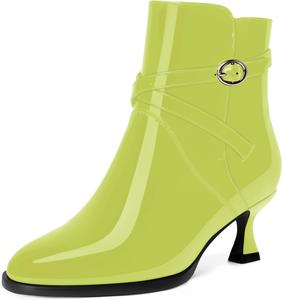 Женские ботильоны MODENCOCO с застежкой-молнией, лакированное платье, пряжка, круглый носок, ремешок на щиколотке, низкий каблук 2 дюйма, Yellow Green