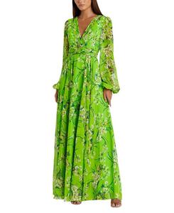 Платье из шифона с цветочным принтом и пышными рукавами Mac Duggal, зеленый