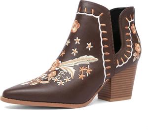 Женские ковбойские ботильоны NEWBELLA - западные вышитые ботинки с вырезами, заостренным носком и массивным каблуком для загородного стиля, вечеринок и повседневной носки, Brown